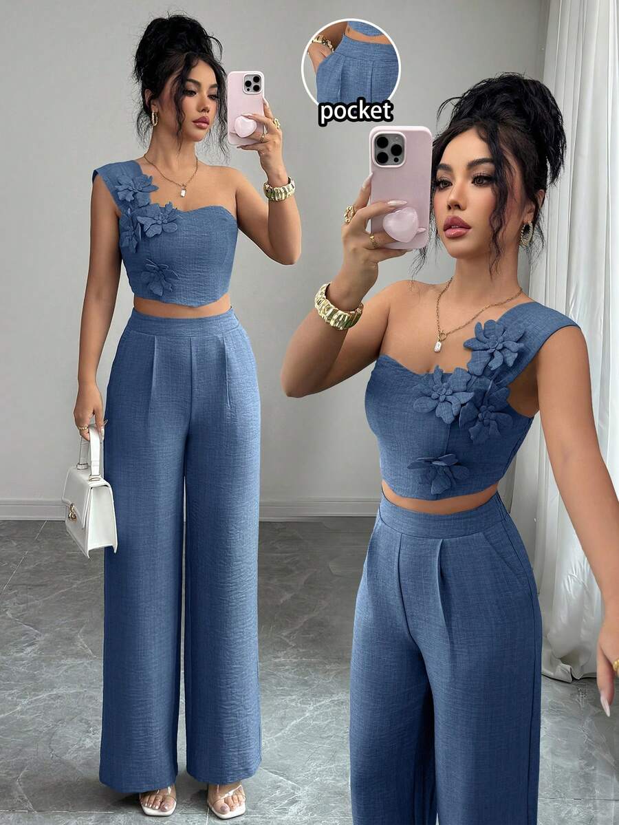 SHEIN Elenzya 优雅3D花卉装饰休闲度假无袖上衣和裤子女式两件套 - 藍色 - 查看 1