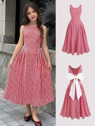 SHEIN Đầm đỏ hở lưng thanh lịch cho bé gái tuổi teen, không tay, đính nơ lớn, thích hợp làm phù dâu, dự lễ tốt nghiệp, công chúa, sinh nhật, Giáng sinh, năm mới.