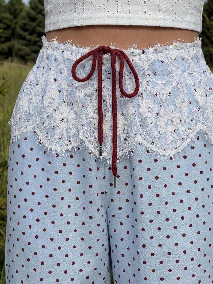 MainGRL Nuevos pantalones rectos de pierna con base azul, lunares rojos, encaje en la cintura y cordón de contraste, ideales para citas, vacaciones, salidas y uso diario - Multicolor - Ver 1