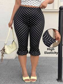 Muchica Quần legging lửng dáng rộng in chấm bi dành cho nữ cỡ lớn, cạp chun co giãn, kiểu dáng thường ngày. - màu đen - Xem 3