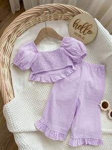 SHEIN 女婴夏季可爱纯色短袖上衣和裤子套装 - 淡紫色 - 查看 2