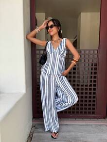 SHEIN Frenchy Women's Blue And White Stripe 2 Pieces Set,Elegant V-Neck Sleeveless Top & Wide Leg Pants,Summer Casual Vacation Holiday Trousers Two Piece Set - Dark Grey - View 4