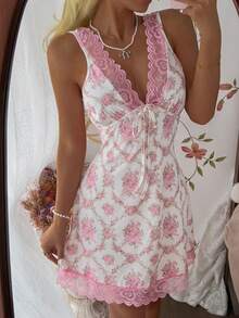 CottageSlumber Sweet Girl Floral Lace Patchwork Bow Back Mini Dress, Sexy Summer Vacation Chiffon Dress In Pink - Pink - View 1