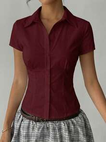 Aloruh Women's Elegant Burgundy Short Sleeve Pleated Waist Shirt, Minimalist Versatile For Commute, Daily Wear, Office, Spring/Summer - Burgundy - View 8