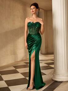 Coutiva 女士正式晚礼服，饰有亮片，褶皱鱼尾廓形，高开衩设计 - 墨綠色 - 查看 4