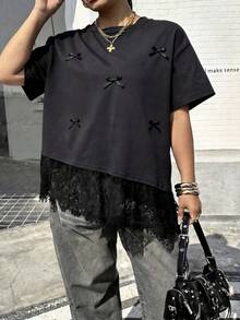 Muchica 加大码夏季休闲蕾丝拼接蝴蝶结装饰T恤 - 彩色 - 查看 1