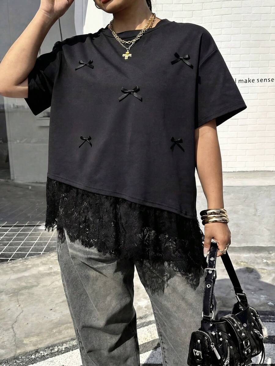 Muchica 加大码夏季休闲蕾丝拼接蝴蝶结装饰T恤 - 彩色 - 查看 1
