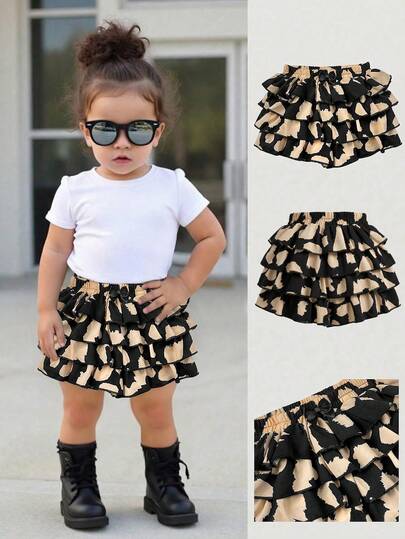 Bubblio Baby Girl Cute Leopard Print Ruffle Hem Shorts, Versatile For Summer