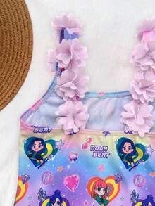 SHEIN Young Girl Cartoon Print One-Piece Swimsuit With 3D Floral Shoulder Decor - Multicolor - View 3