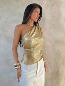 Aloruh Women's Fashionable Commuter Asymmetric Collar Metal Blouse, Summer,Summer Top - Gold - View 2