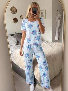 SHEIN Genkimix Kids Tween Girls 2pcs Pajama Set, Cute Rabbit & Bow Print, Contrast Color Wavy Trim, Short Sleeve Top And Long Pants, Casual Sleepwear - Blue - View 6