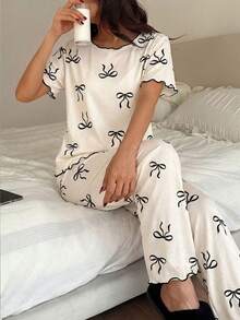 1 Set Teen Girls' Pajamas, Apricot Base With Butterfly Print, Contrast Trim, Short Sleeve & Long Pants Casual Loungewear Set - Apricot - View 3