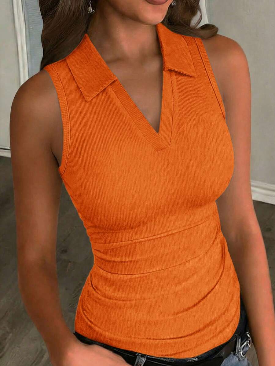Slaydiva 2026春夏新款休闲百搭白色修身纯色V领/Polo领无袖女式背心。适合约会、情人节、婚礼季、度假、海滩、波西米亚风、沙滩、返校、日常穿着、派对、下午茶、早午餐、机场穿搭、休闲街头风等场合。 - 橘色 - 查看 1