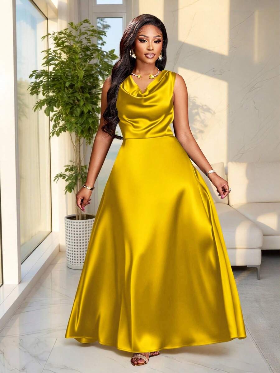 Brilight 这款优雅的女士派对连衣裙，适合生日派对、毕业季、下午茶、感恩节和婚礼季等重要场合。其特点包括垂褶领口、无袖设计、高腰、A字廓形和超长裙摆。采用缎面/丝绸般面料制成，是夏季的理想之选。 - 芥末黃 - 查看 1