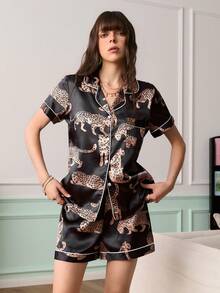 女士睡衣套装，数码印花 - 黑色 - 查看 3