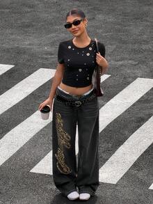 Muchica Quần jeans nữ ống rộng dáng suông, thoải mái, đa năng, có túi, thêu chữ và họa tiết da báo. - Xám - Xem 4