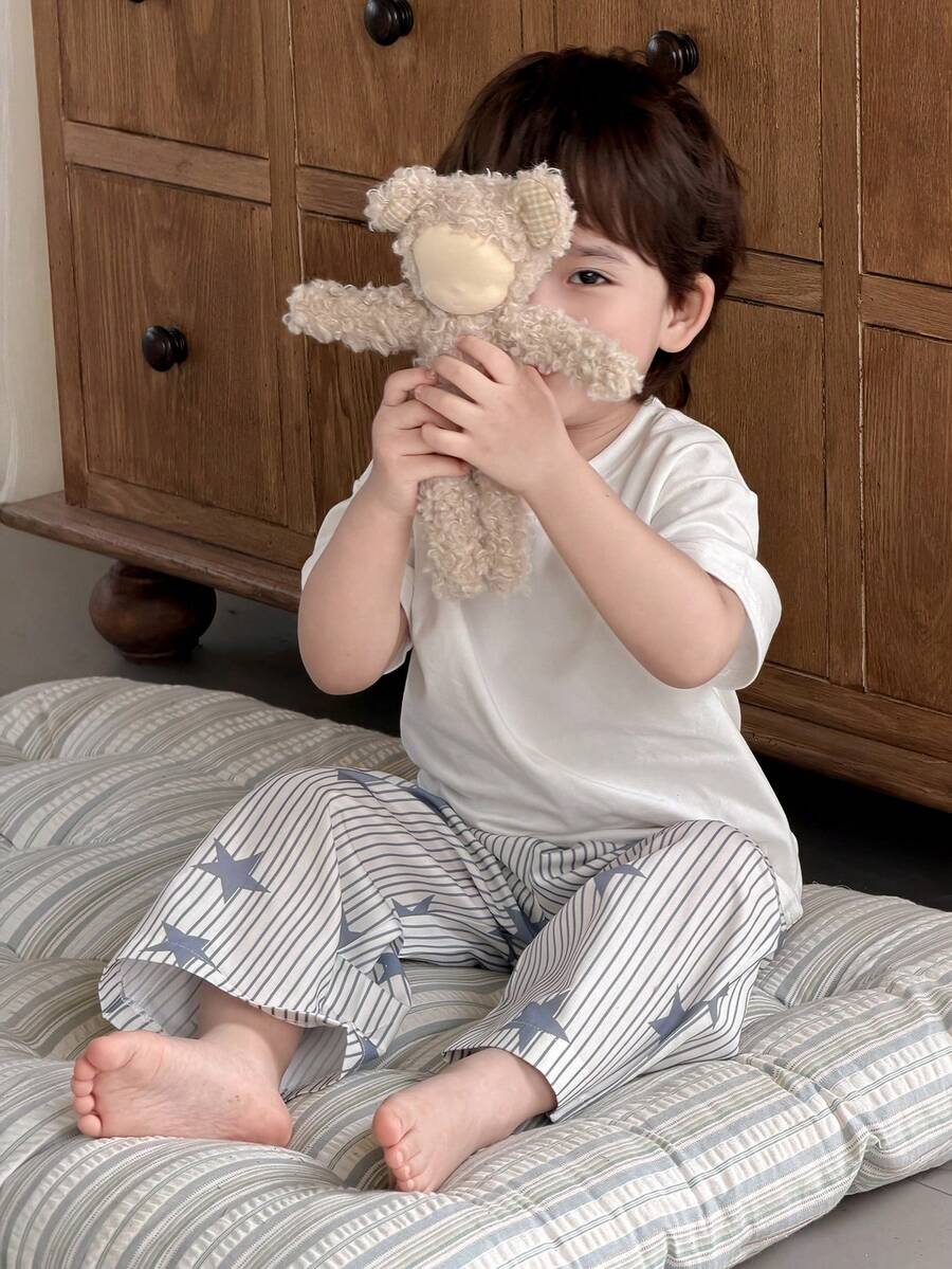 DAZY 男童圆领宽松条纹韩版家居服T恤 - 白色 - 查看 1