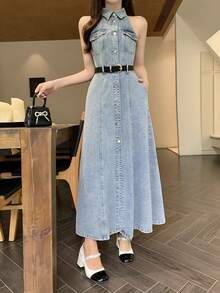 DAZY 女士休闲度假风前扣无袖牛仔连衣裙，春夏款 - 藍色 - 查看 3