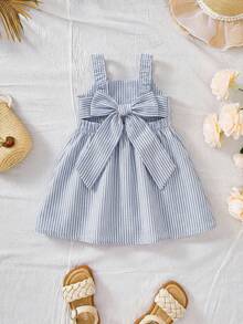 SHEIN Baby Girl Blue & White Striped Backless Tie Strap Dress - Blue and White - View 3