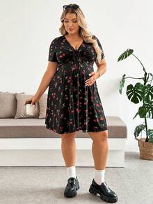 SHEIN Plus Size Maternity Cherry Print Front Tie Short Sleeve Dress, Vacation Summer Dresses Vacation Outfits Floral Dress Baby Shower - Black - View 5