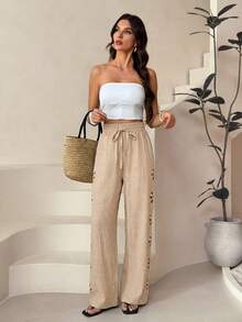 SHEIN Tall Quần dài nữ mùa đông màu đen, kiểu dáng thường ngày, màu trơn, khoét lỗ, thích hợp cho kỳ nghỉ. - Màu Khaki - Xem 5