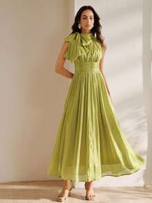 Anewsta Women's Long Dress, Spring/Autumn, Waist Ruched Shiny Elegant Versatile - Mustard Yellow - View 6