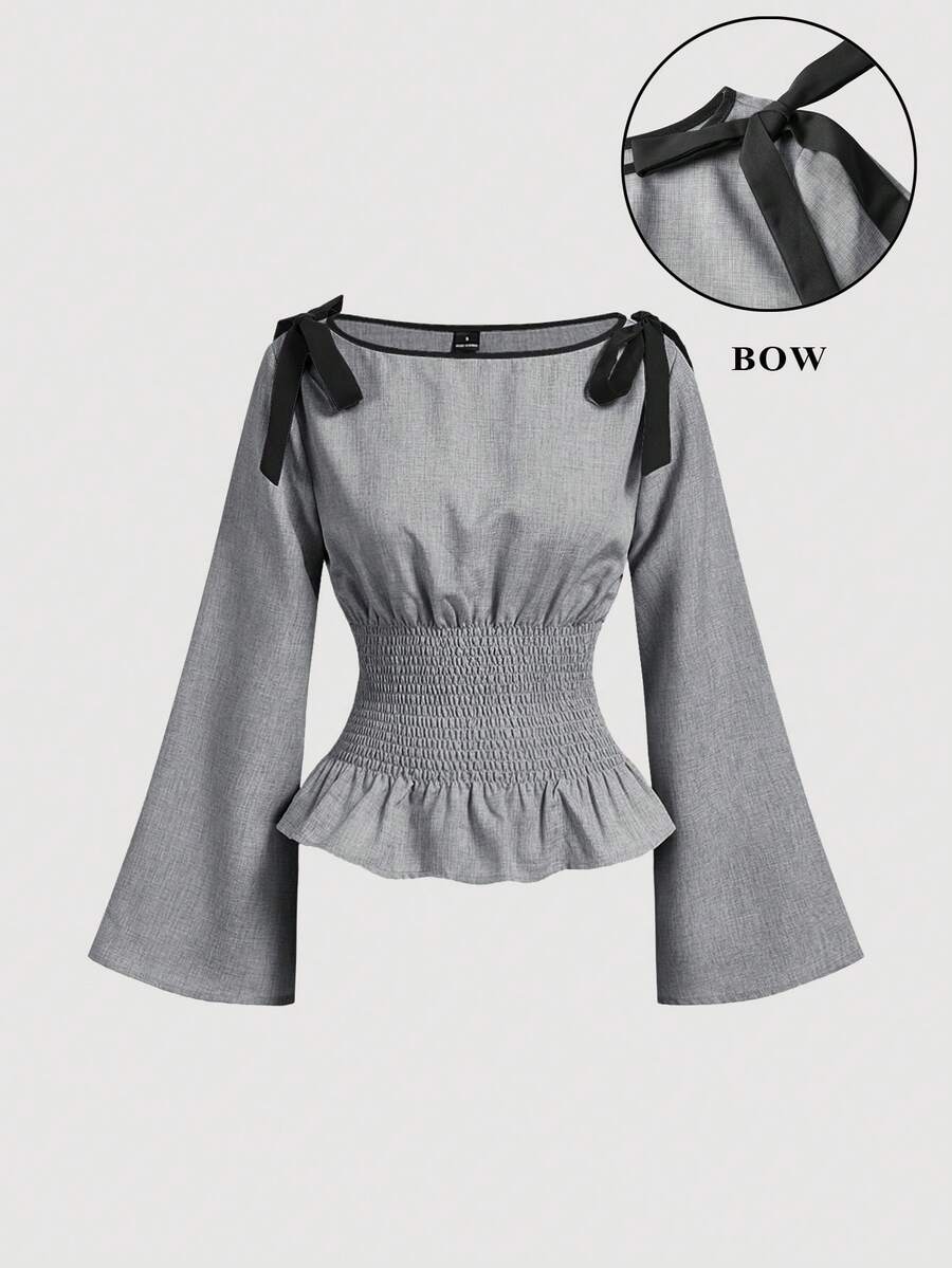 SHEIN MOD 女士蝴蝶结装饰褶皱休闲百搭日常衬衫 - 淺灰色 - 查看 1