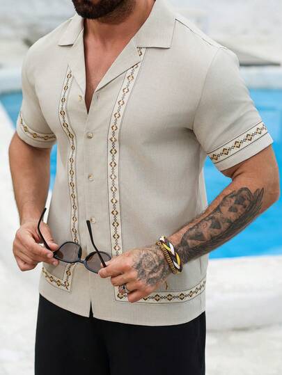 VENTUSAIL 男士几何印花前开襟夏季休闲短袖衬衫