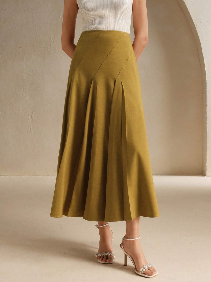 Anewsta Petite Summer New Turmeric Yellow High Waist Asymmetrical Pleated Commuter Chic Skirt - Apricot - View 1