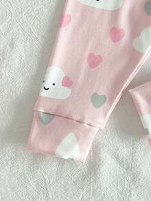 Genkimix Kids 2-Piece Baby Girls Ribbed Knit Pajama Set,Bunny & Cloud Graphic Print,Light Pink,Summer,Cute,Graphic,Holiday,Short Sleeve Top & Long Pants,Snug Fit - Pink - View 6