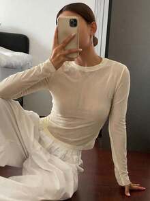 DAZY Women's Solid Color Round Neck Long Sleeve Fitted Fashionable Top Summer - Apricot - View 7