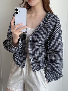 DAZY Áo khoác nữ dài tay kẻ caro dáng rộng có mũ, nhẹ, kiểu dáng thường ngày. - Màu xanh lam - Xem 2