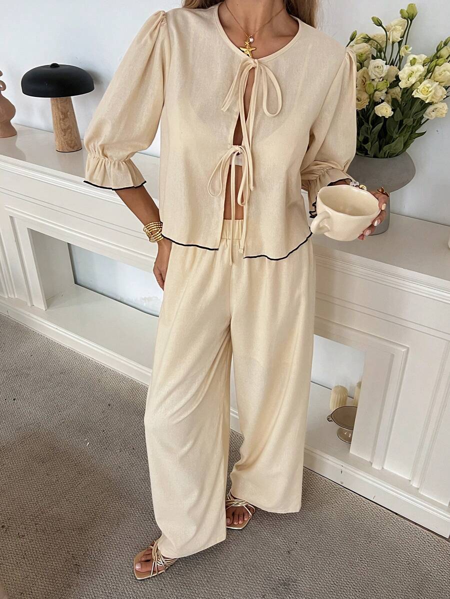 DAZY Loose Casual Beach Vacation Style Cropped Shirt And Straight Leg Pants 2 Pieces Set For Women - Apricot - View 1