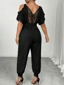 SHEIN Elenzya Plus Size Black Off-Shoulder Lace Jumpsuit,Elegant Curve Night Out Cocktail Club Summer Wide Leg 2 Piece Set,Cinched Waist See Through Jumpsuits - Black - View 1