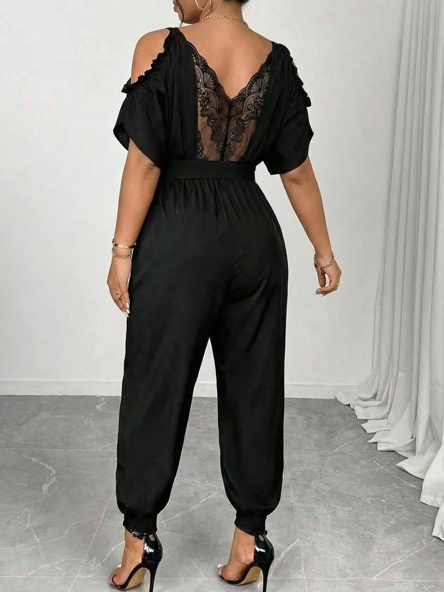 SHEIN Elenzya Plus Size Black Off-Shoulder Lace Jumpsuit,Elegant Curve Night Out Cocktail Club Summer Wide Leg 2 Piece Set,Cinched Waist See Through Jumpsuits - Black - View 1