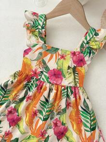 LMoss Kids Gaun Kasual Anak Perempuan Bahan Chiffon Motif Bunga Kecil Kerah Persegi dengan Hem Bergelombang - MultiWarna - View 5