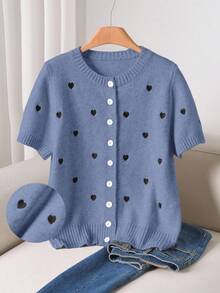 CosyJoli Cardigan à col rond, manches courtes, à simple boutonnage, avec broderie en forme de cœur, pour femmes grandes tailles - Bleu azur - Voir 1