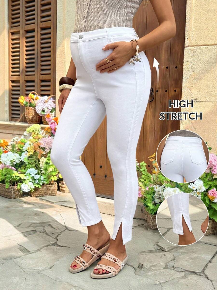 SHEIN Maternity Casual Commuting Minimalist Solid Color High Waist Slit Hem Skinny Jeans Summer Carnival Costume Commuting Vacation Graduation Chic Y2k Cute Streetwear Party Wedding Elegant Business Casual Woman Business Beach Graduation Modern Women's White Ankle Slit Jeans Versatile Slim Fit Denim For Casual Wear