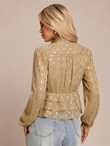 Glamine Women's French Style Casual Shirt With Metallic Gold Leaf Pattern, Detachable Ribbon, Layered Ruffle Hem, Suitable For Autumn And Winter - Khaki - View 3