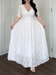 Flirla Plus Size Women Elegant V-Neck Ruffle Short Sleeve Chiffon Dress - Apricot - View 5