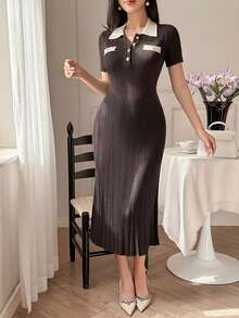 Women's Elegant Colorblock Lapel Faux Pocket Sweater Dress, Spring/Summer - Brown - View 4