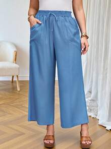 EMERY ROSE Plus Size Women's Brown Cropped Pants With Pockets,Smart Casual Autumn Holiday,Boho Faux Denim Style,Country Concert Beach Vacation Gym - Blue - View 14