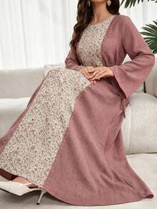 Al Najma Women's Patchwork Ditsy Floral Round Neck Flare Sleeve Abaya - Dusty Pink - View 7