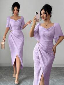 Modelyn Women's Metal Buckle Color Block Ruffle Collar Petal Sleeve Fitted Elegant Dress, Spring/Summer - Purple - View 8