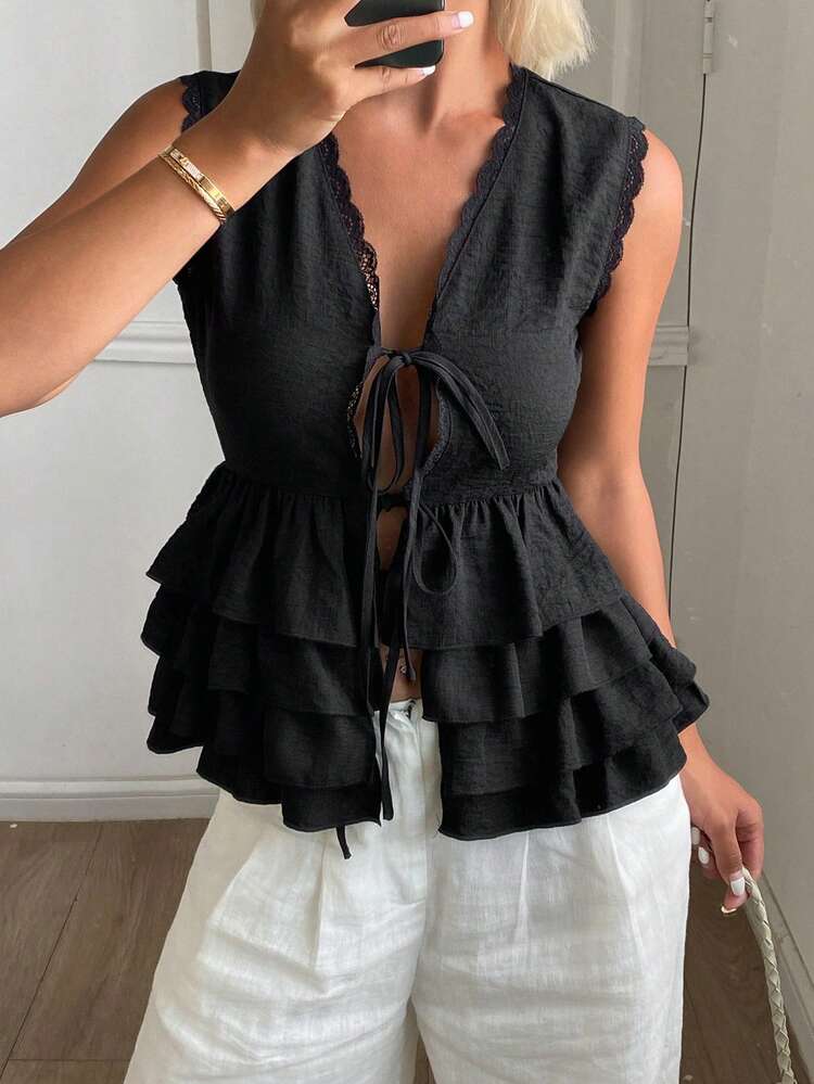 Women's Solid Color Contrast Lace Tie Ruffle Hem Elegant Vacation Summer Camisole Top