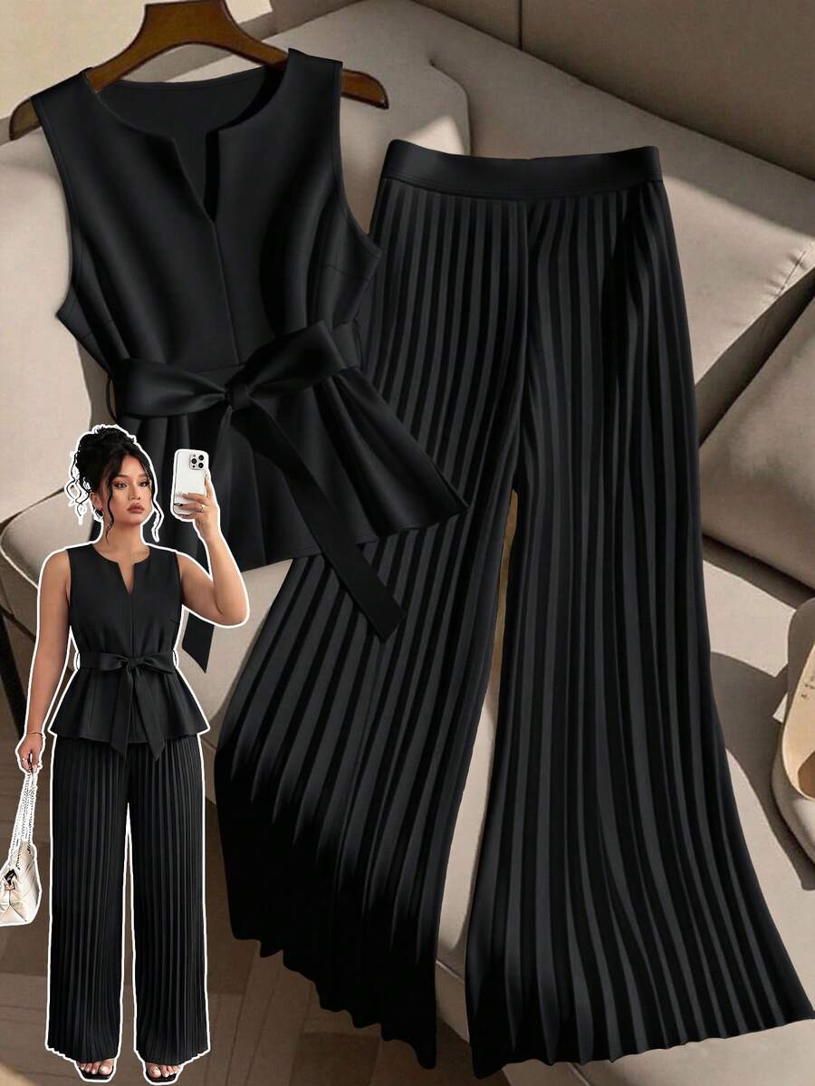2pcs/Set Women Plus Size Sleeveless Top And Casual Wide Leg Pleated Pants - Black - View 1