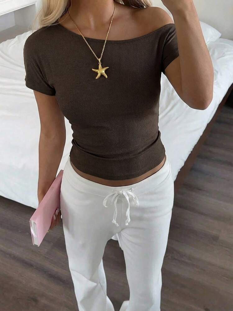 Aloruh Camiseta holgada de estilo vintage americano con Bottom ajustada, para primavera/verano - Marrón - Añade 1