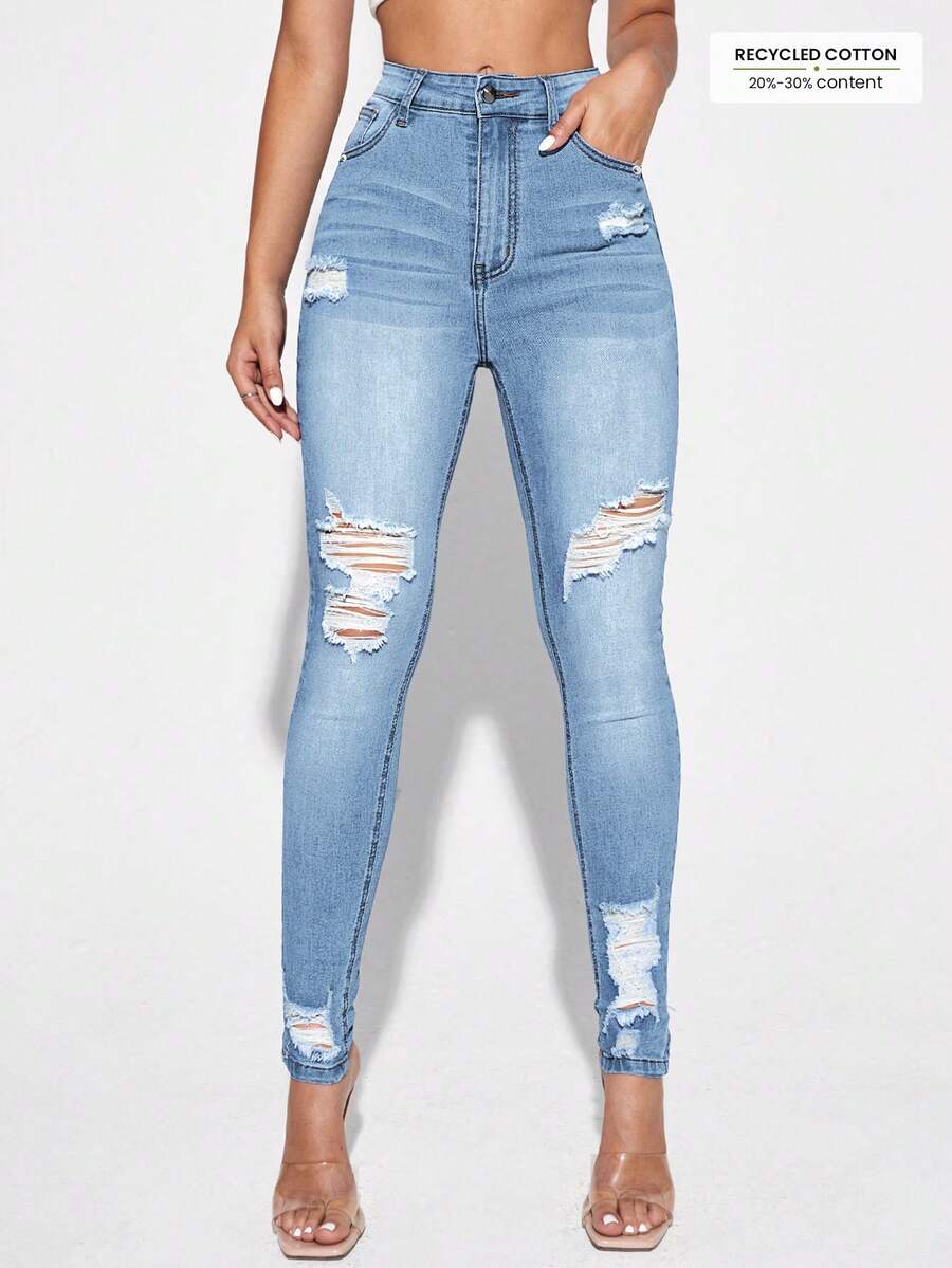 EMERY ROSE Women's Fashion Casual Ripped Skinny Denim Jeans - Blue - View 1