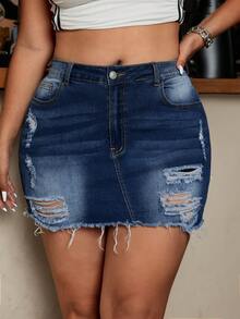 SHEIN ICON Plus Size Women Pocketed Distressed Frayed Hem Denim Mini Skirt - Dark Wash - View 5