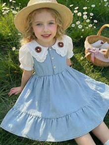 Genkimix Kids Young Girl' Spring/Summer Denim Dress With Lapel Collar, Casual & Fashionable, Suitable For Daily Outings, Leisure, Camping, Gatherings Young Girl Dresses Denim Dress For Kids Charming Kids Dresses Vintage Dress For Kids Young Girls Outfit Sets - Blue - View 1